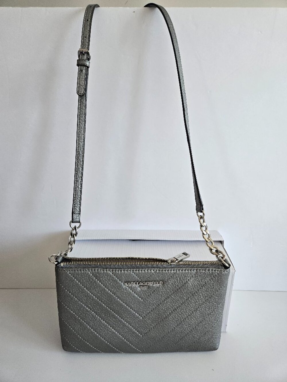Karl Lagerfeld Paris Charlotte Pebbled Leather Crossbody Light Grey Small
